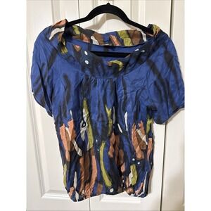 Women's Tea And Honey Brand Silk Blouse Size XS Short Sleeve Vibrant Colors Boho
